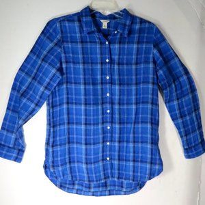 L.L. Bean 100% Linen Womens Shirt LARGE Blue Plaid Casual Button Up Long Sleeve